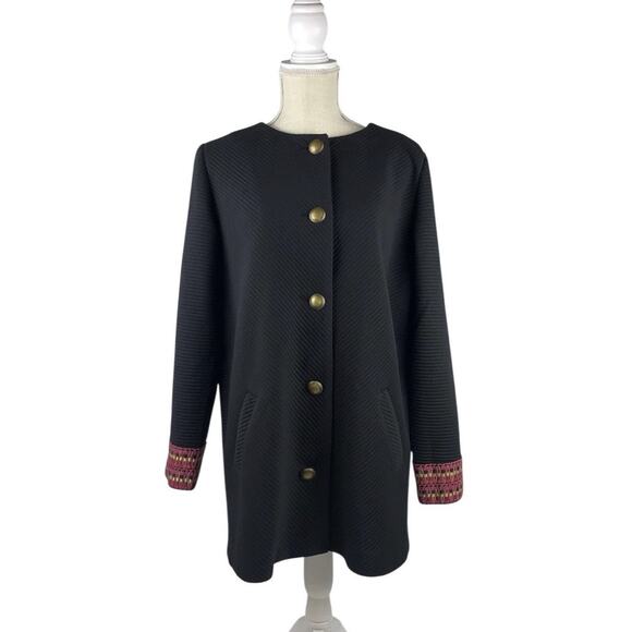 Susan Graver Jacket Black Rib Knit Jacquard Cuff Gold Button Front Womens 10 - Picture 2 of 9